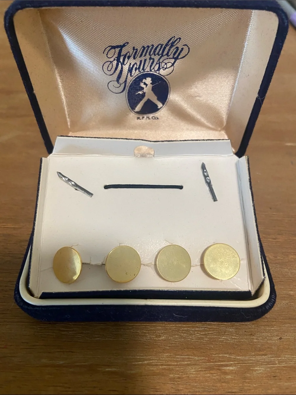 Formally Yours men's gold and red enamel round cufflinks and studs set LIKE NEW